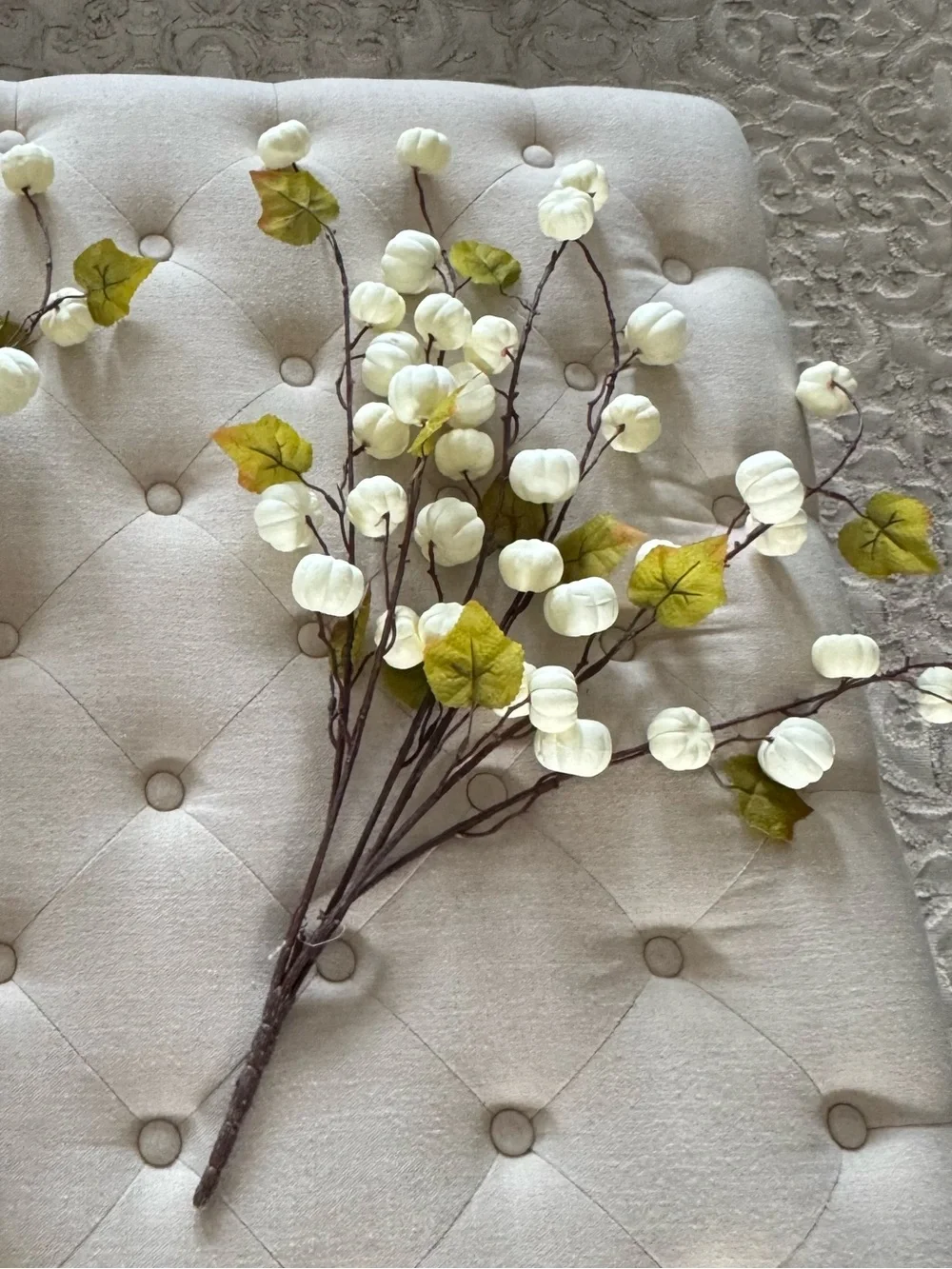 Set of Artificial White Pumpkin 🎃 Blossom Spray Set with Green Leaves -